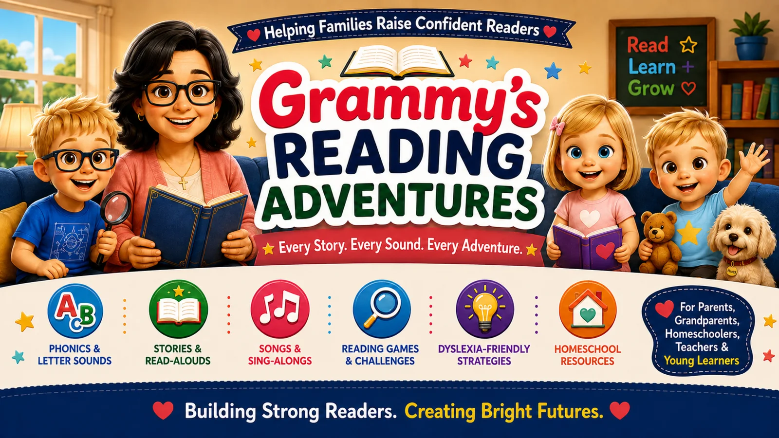 Grammy's Reading Adventures overview showing phonics, stories, songs, reading games, dyslexia-friendly strategies and homeschool resources