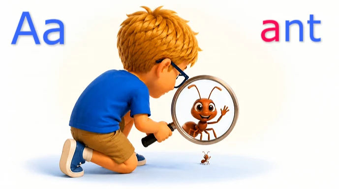 Joey exploring the letter A and the word ant with a magnifying glass
