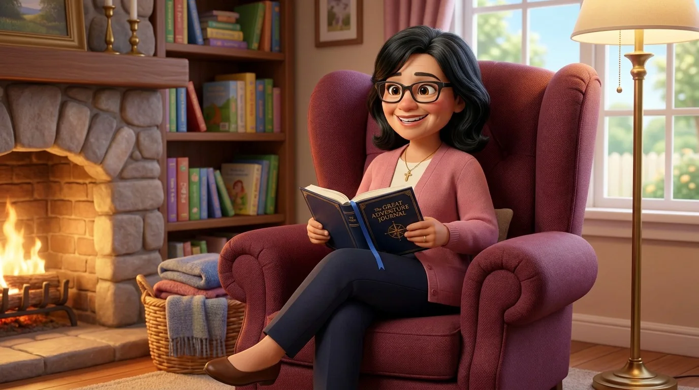 Grammy reading in her warm library chair beside the fireplace